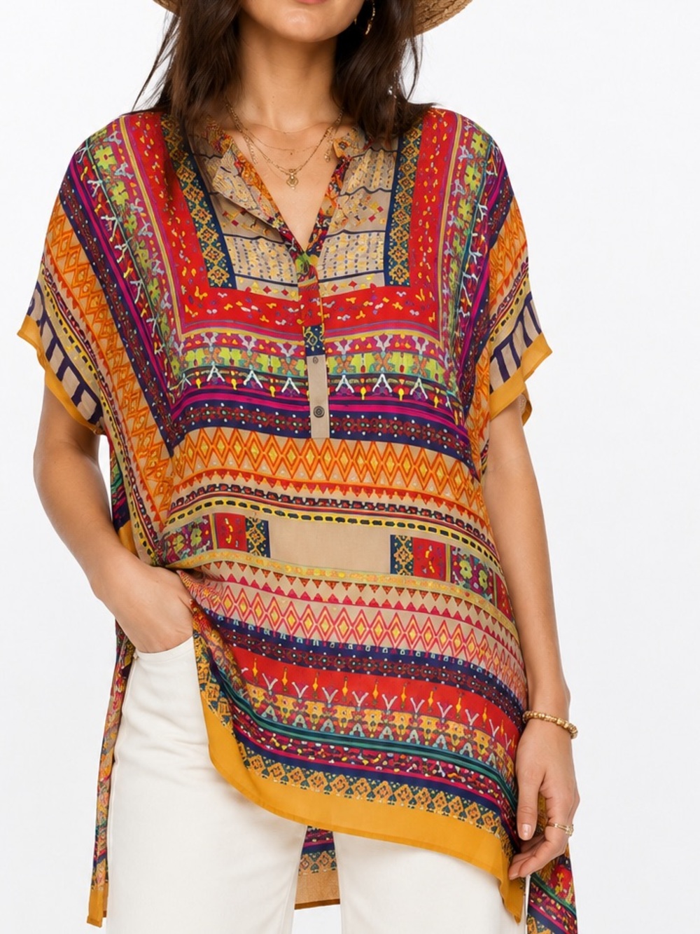 Johnny Was Oversized Cupra Rayon Colorful Multi Striped Boho V-Neck Tunic Med